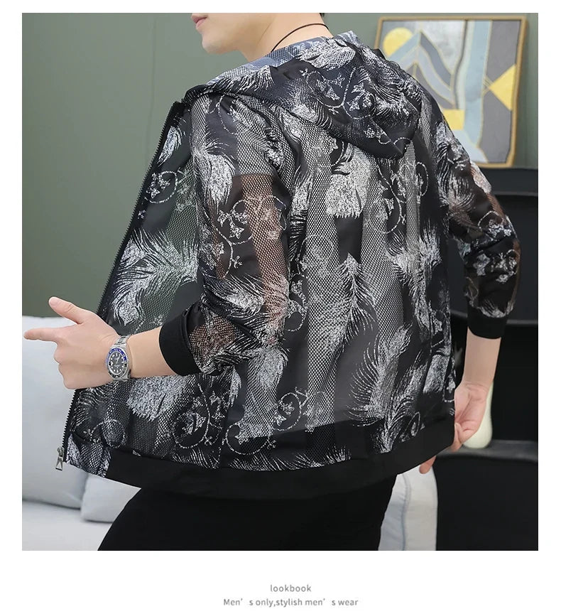 Men's Summer Mesh Sun Protection Clothing Trendy Stripe Print Ice Silk Cool Feeling Breathable Quick Dry Hooded Jacket