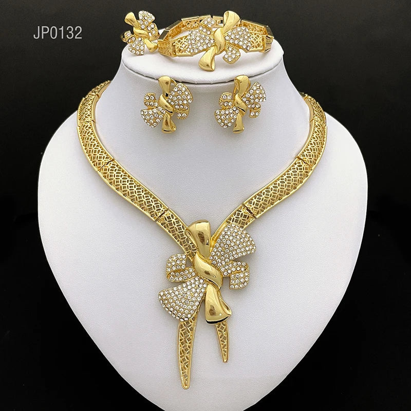 Italy 18k Gold Plated Women Jewelry Set Classic Design Bowknot Necklace Earring Bracelet And Ring 4PCS Set Jewelry Wedding Party