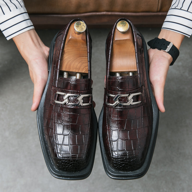 Fashionable Dress Loafers For Men, Crocodile Embossed Chain Decor Slip-on Dress Shoes