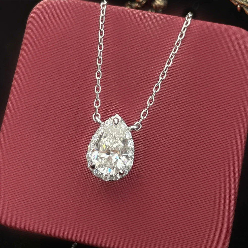 Certified 1/2 Carat Pear Cut Moissanite Pendant Necklaces 925 Sterling Silver Tear Drop Halo Diamond Neck Chain for Women