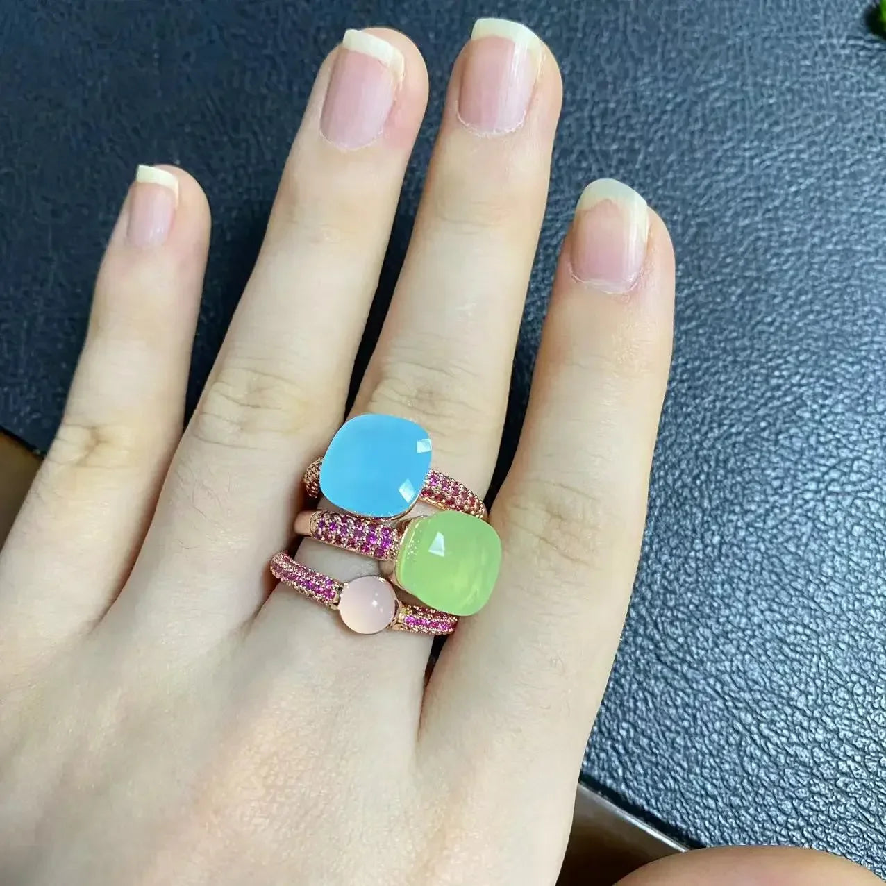 3Pcs/Set Nudo Ring Stacking Set for Women Mix Color Candy Crystal Inlay Zircon Amethyst Blue Topaz Round Jewelry Gift