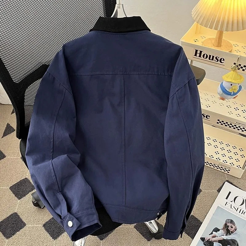 American Retro Workwear Jacket Loose Casual Men's Pilot Style Outerwear Trendy Polyester Fiber Zipper Closure Spring Autumn