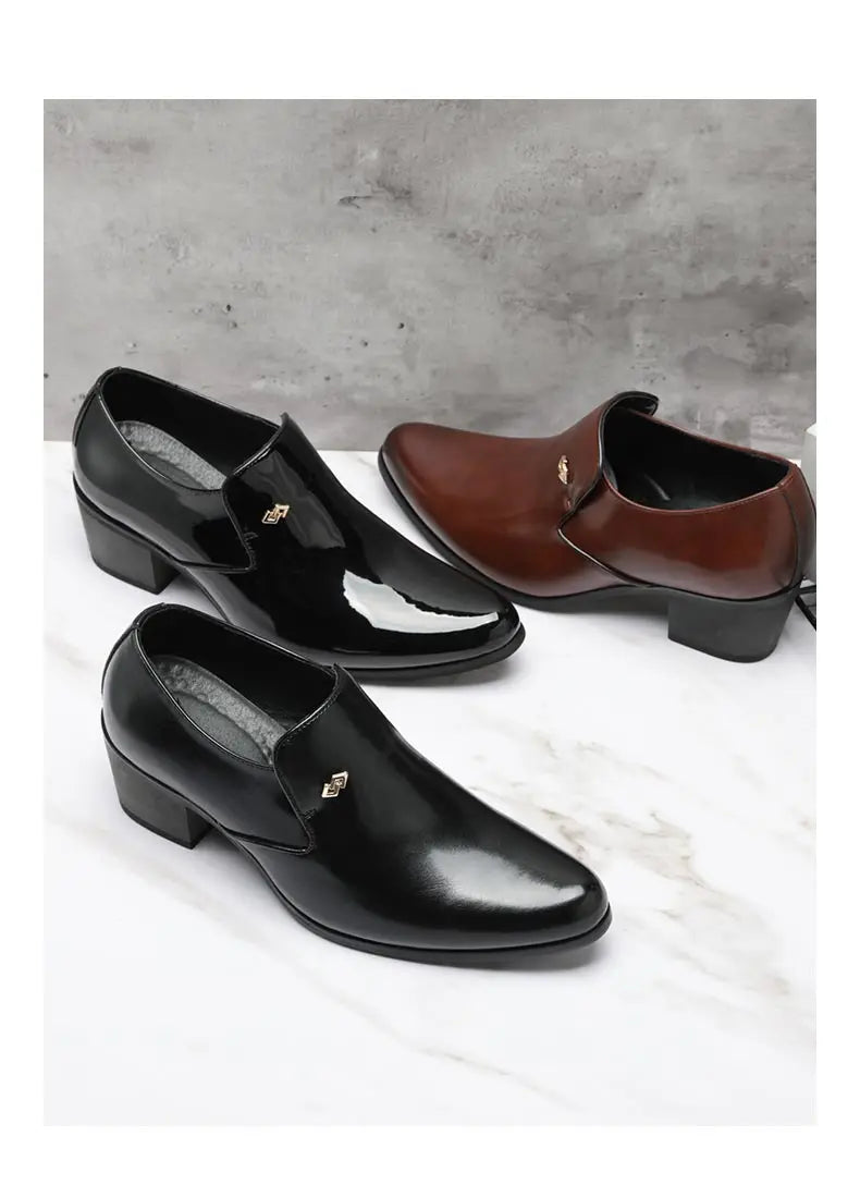 Premium Leather Men Shoes Slip On Loafers European Brand Business Casual Wedding Party Plaid Design Height Increasing