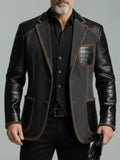 Designer Classic Men's Suit Coat PU Splicing Denim Notched Lapel Tuxedos Peaked Breasted Groom Wear Business Party Blazer