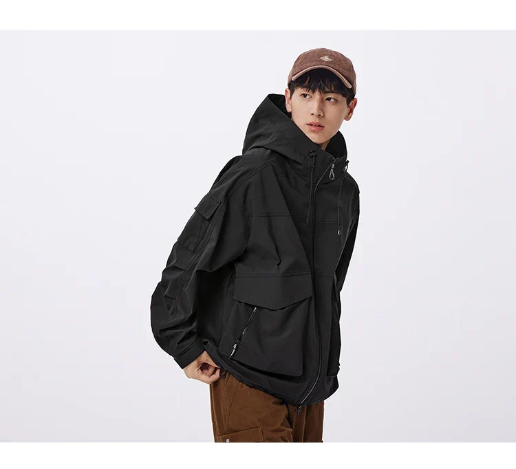 Three-proof Jacket Men Autumn Outdoor Color Block Hooded Windbreaker Large Pocket Workwear Trendy Coat
