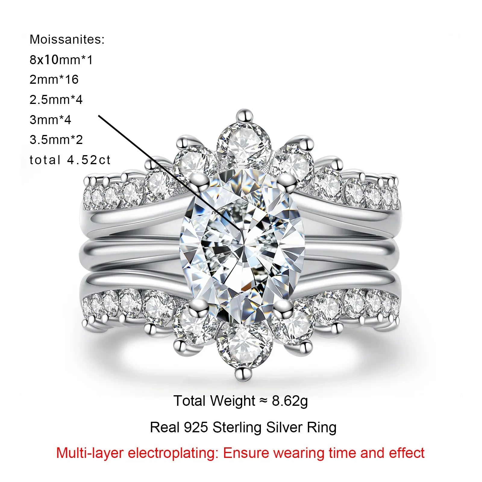 3ct Oval Moissanite Wedding Bands 18k Gold Plated 925 Sterling Silver Bridal Rings Set for Girls Jewelry Wholesale