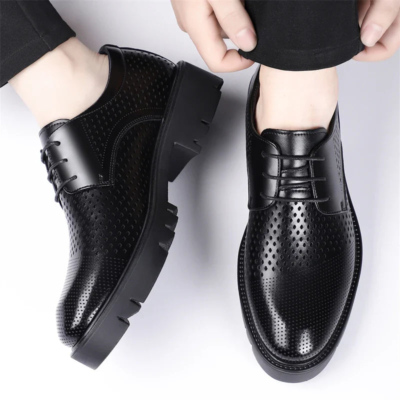 Summer Hollow Out Breathable Men Height Increasing Oxford Shoes 8/10CM Formal Business Dress Wedding Party Elevated Leather Shoe
