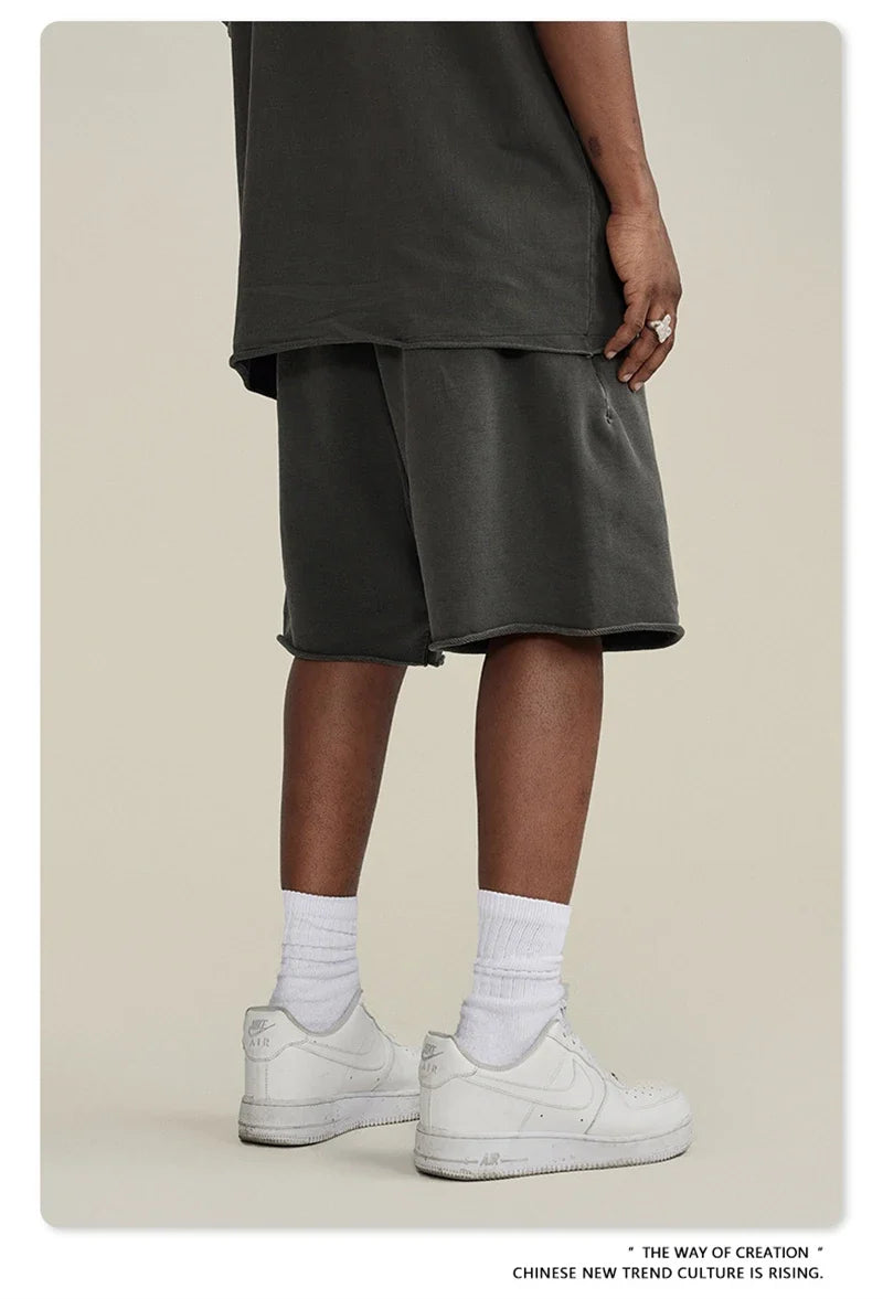 New Summer Men Retro Washed Shorts Unisex Drawstring Loose Edge 420gsm Solid Knee Length Cotton Pants Streetwears HY0589