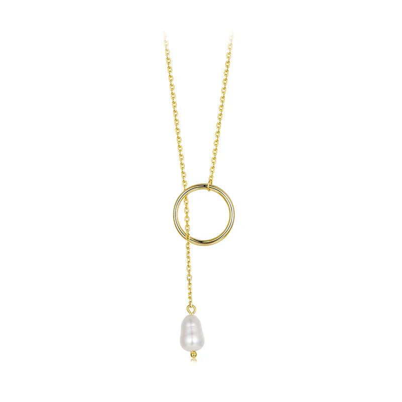 925 Sterling Silver Long Necklace, Gold Plated Y Lariat Long Chain Pearl Drop Necklace Gift for Her BSN427, 23.6"