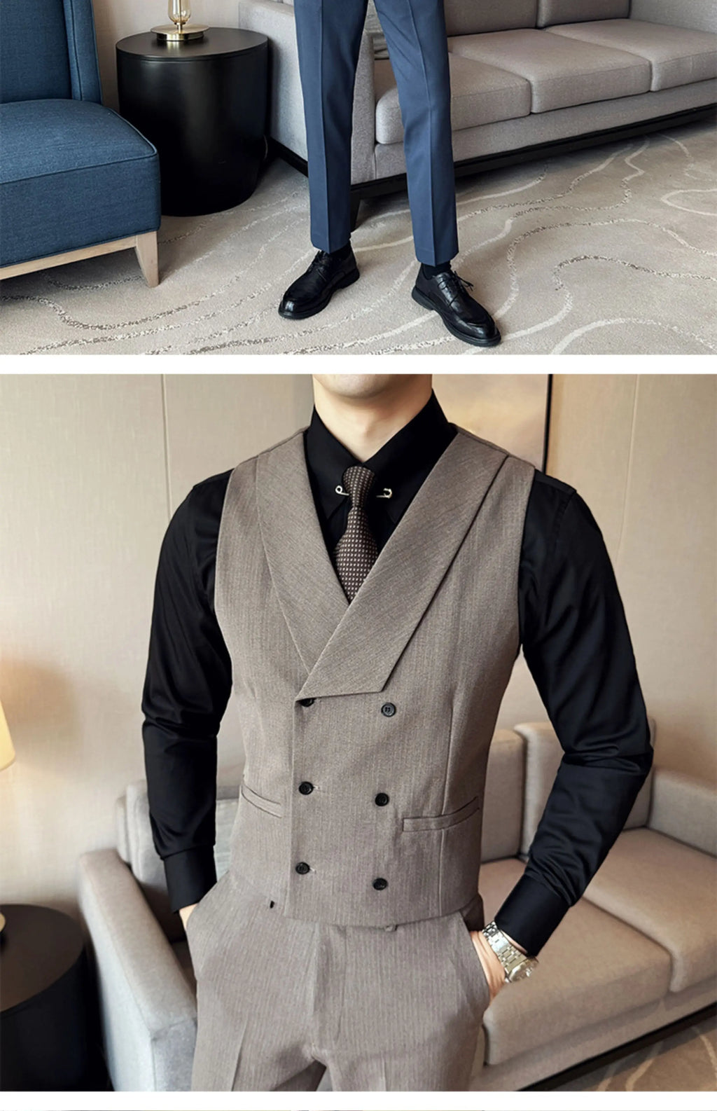 ( Vest + Pants) Double Breasted Stripe Suit Vest With Pants New Men Fashion Slim Business Casual Wedding Dress Vest 2 Pcs Sets