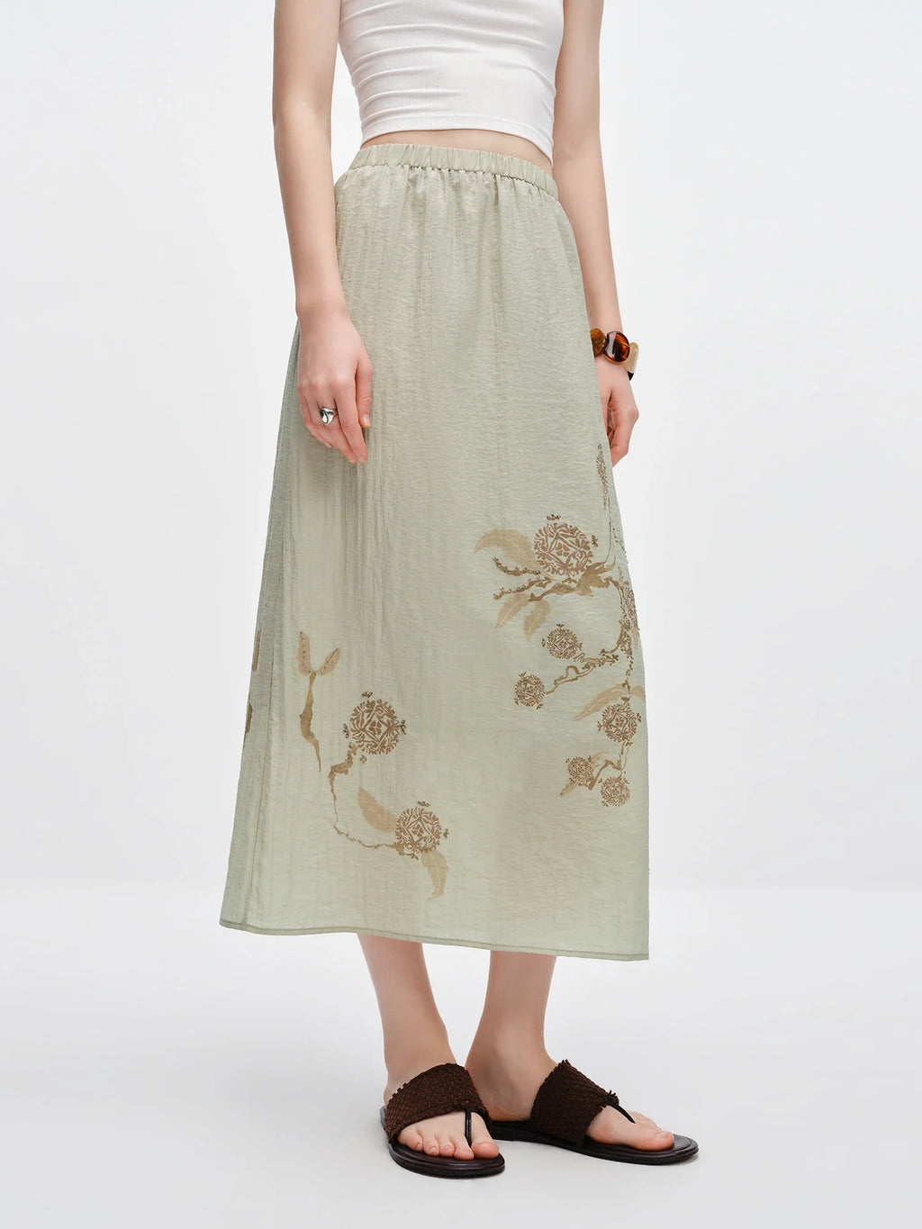 Vintage Printed Camis Midi Skirt Set Square Neck Sleeveless Summer Elastic Waist Outfit Silk Office Daily