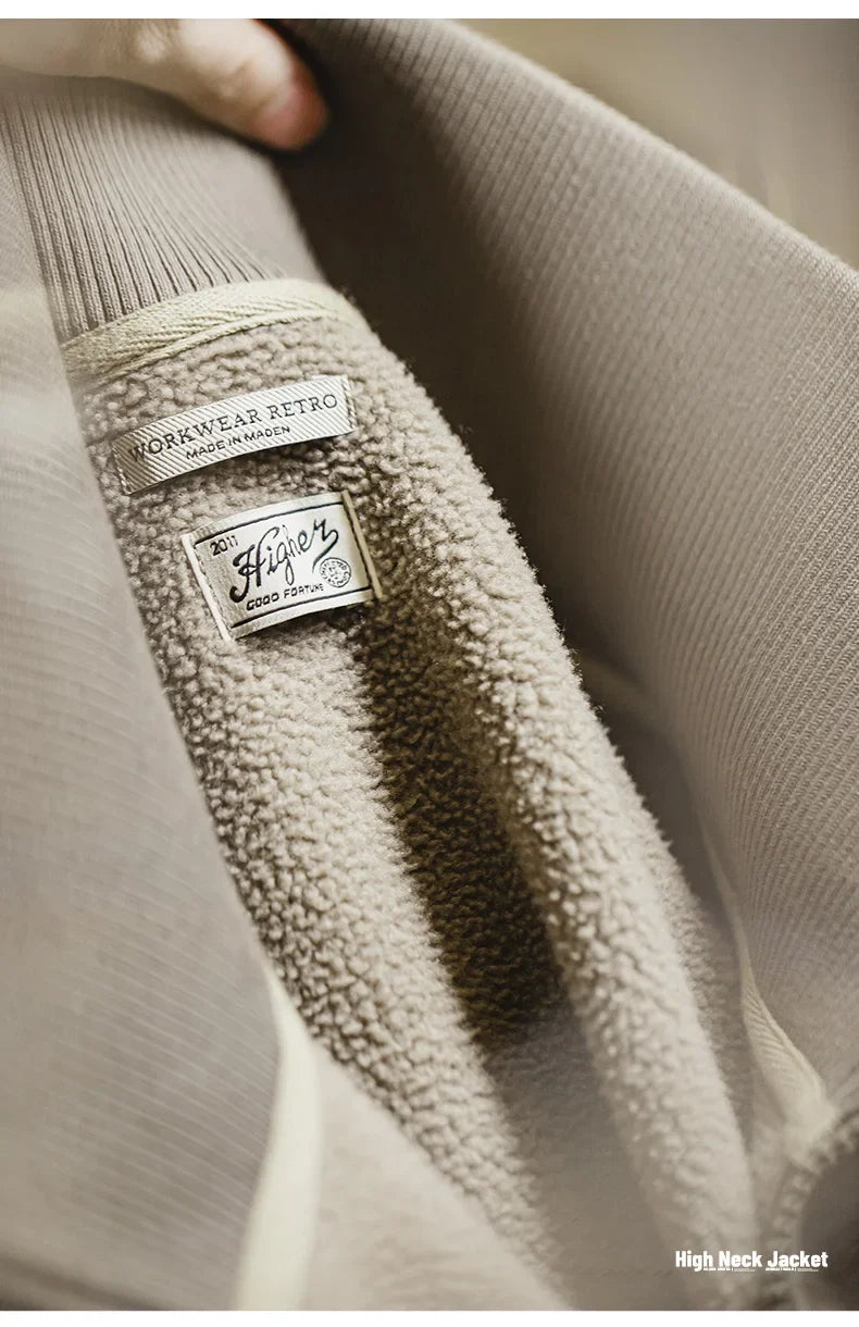 Men's High Neck Warm Jacket Polar Fleece Lining Thickened Coat Casual Sports Style Cardigan Sweater Vintage Tennis Jacket