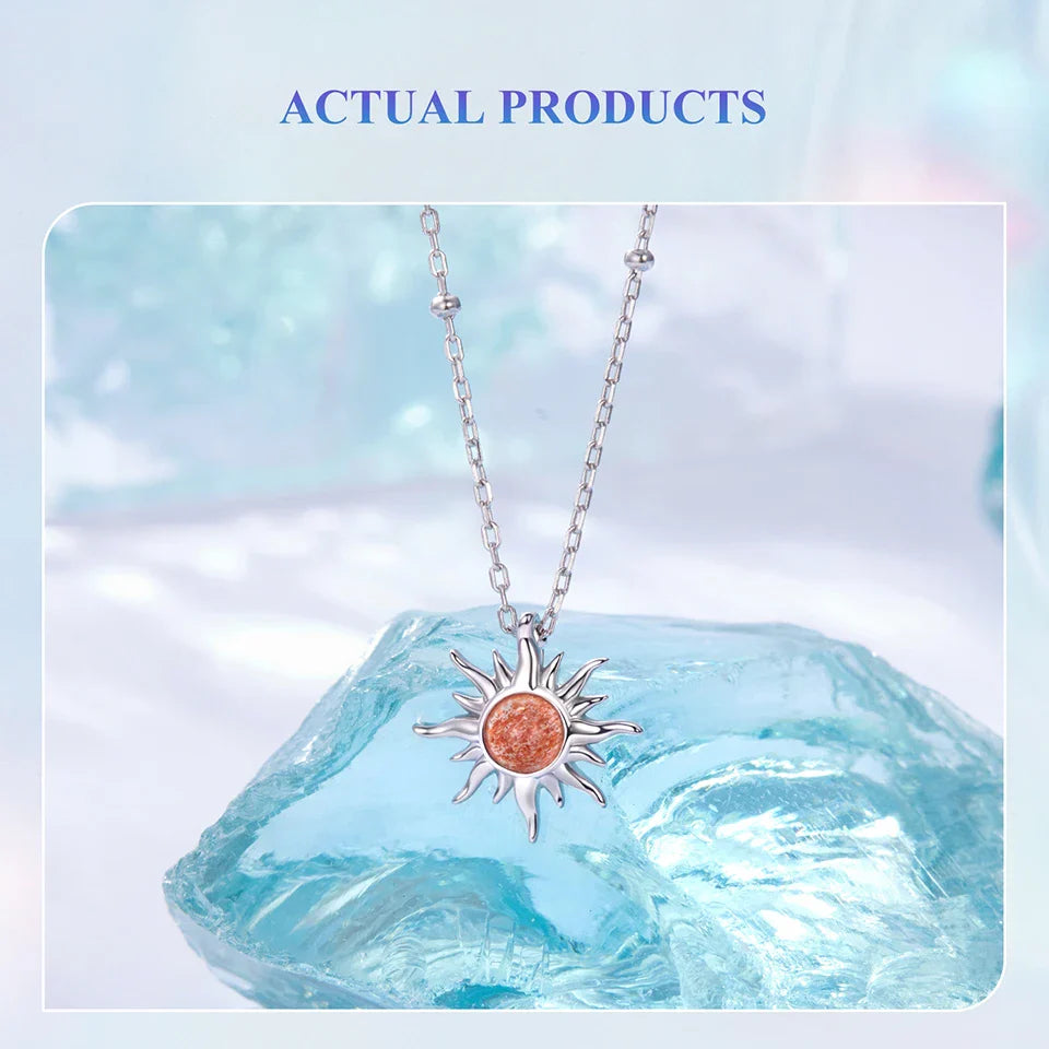925 Sterling Silver Golden Sun Necklace Natural Sunstone Gem Pendant Necklace Beads Link Chain Women Mother Lucky Gift