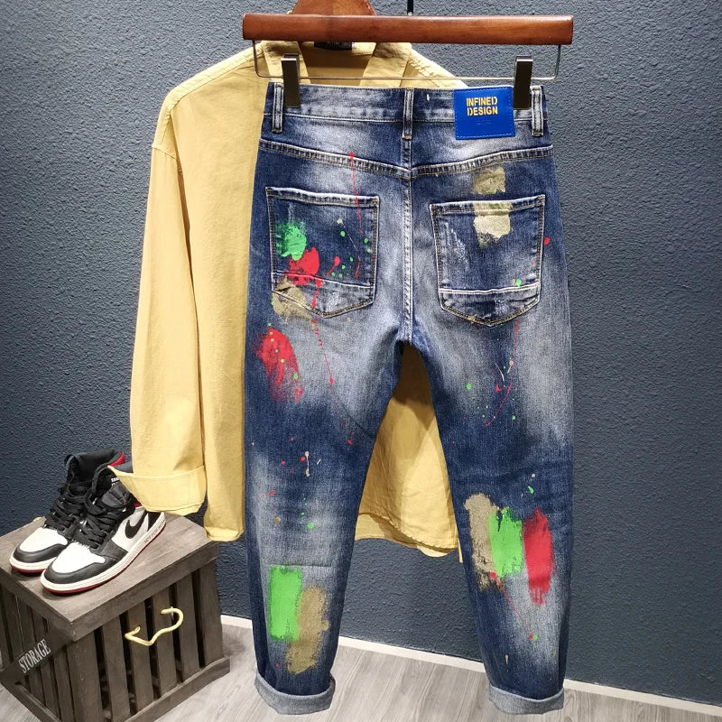 Men's Jeans Fashion Spray Paint Ripped Hole Personality Hip-hop Streetwear