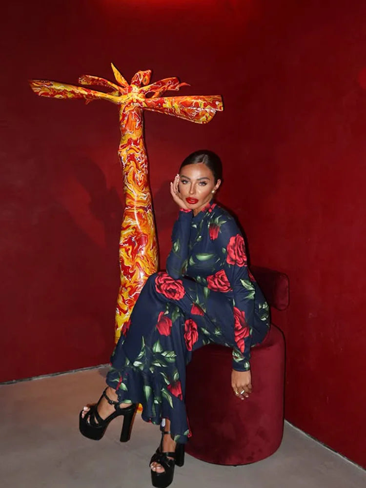 Flower Prints O Neck Women Dresses Sheath Trendy Fashion Elegant Evening Party Outfits Female Bodycon Long Sleeve Robes