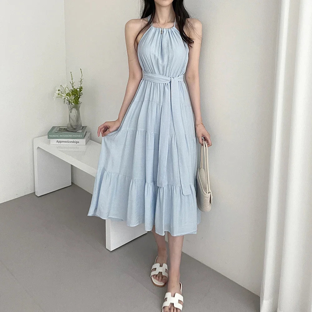 Korean Style Summer Slimming Necktie Waist Cinched Sleeveless Vest Long Dress Women's Fashionable Commute Style Inner Wear