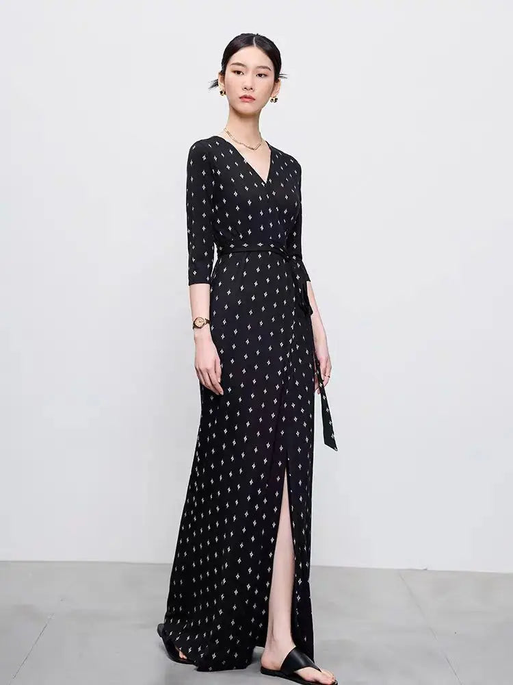 High End Half Sleeved Floral Long Dress For Women, 2026 Spring/Summer One-Piece Lace Up Lazy And Relaxed Vacation Dress
