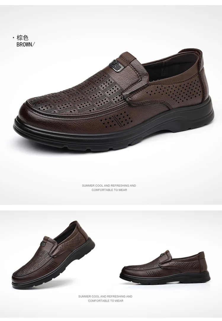 Men's Summer Breathable Leather Loafers Brown Hollow Out Slip-On Shoes Male Thick Sole Comfortable Non-slip Work Shoes for Man