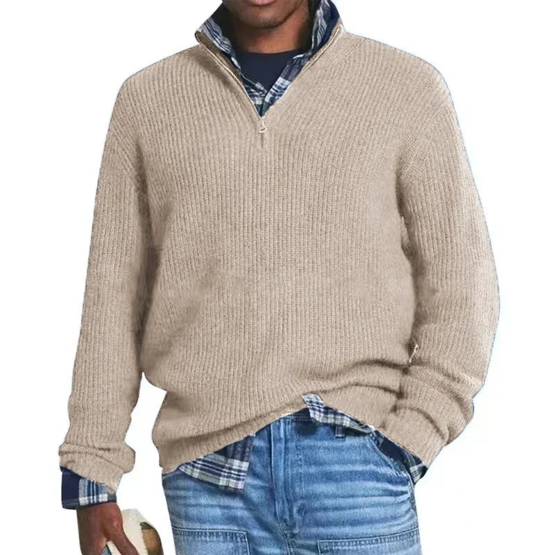 Men's Wool Blend Knit Sweater Casual Long Sleeve Zipper Collar Pullover Sweaters Winter Outdoor Warm Stripes Pullover Jumper