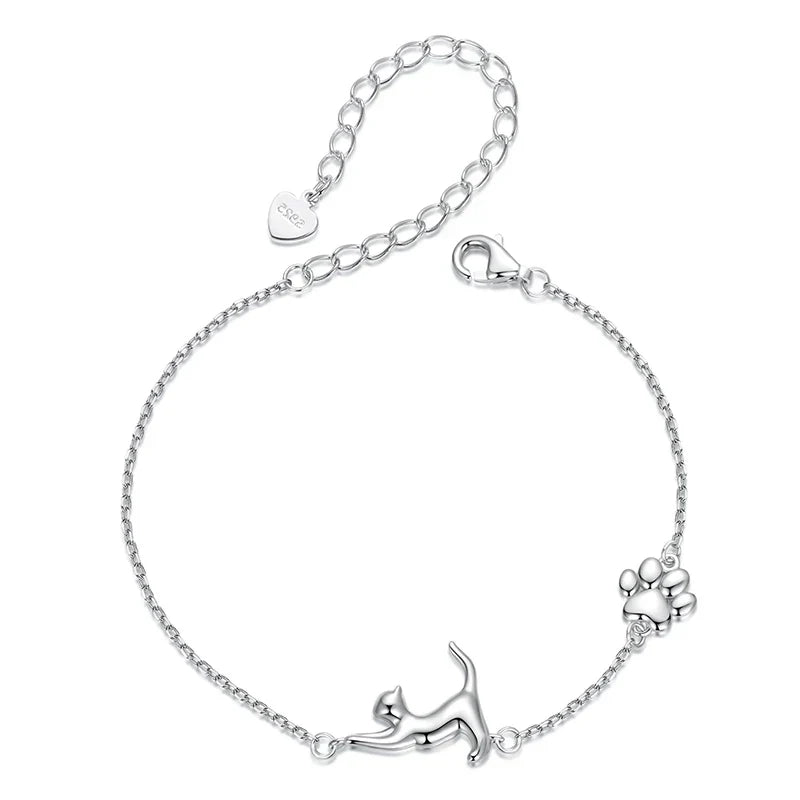 Solid 925 Sterling Silver Cute Cat / Dog Chain Bracelet for Women Delicate Jewelry Pet Bracelet for Gift SCB290