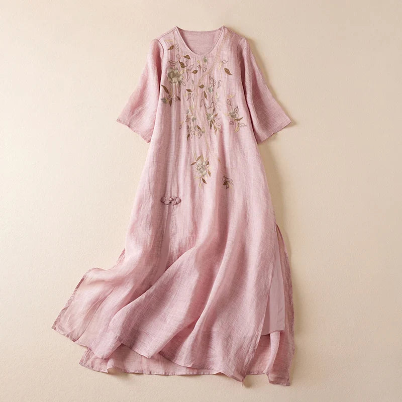 Summer New Hemp Dr Embroidered round Ne Five-Quarter Sve Fairy Beautiful Long Women's Dr New Chinese Sle