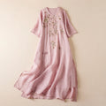 Summer New Hemp Dr Embroidered round Ne Five-Quarter Sve Fairy Beautiful Long Women's Dr New Chinese Sle