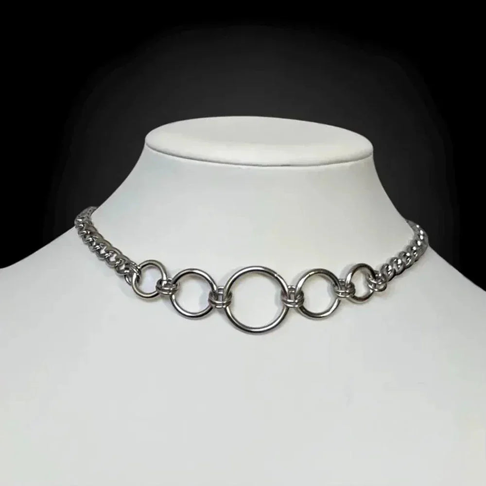 Goth Stainless Steel Curb Chain Circle Choker Necklace for Women Grunge Alternative Collar Adjustable Length