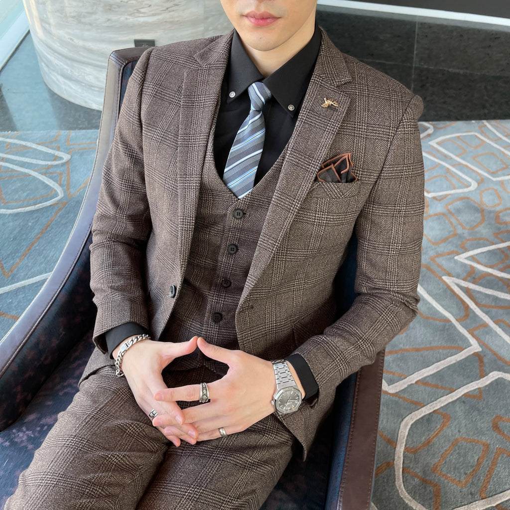 British Modified Plaid Three-Piece Suit for Men - Stylish Business Casual Suit Vest And Trousers Set