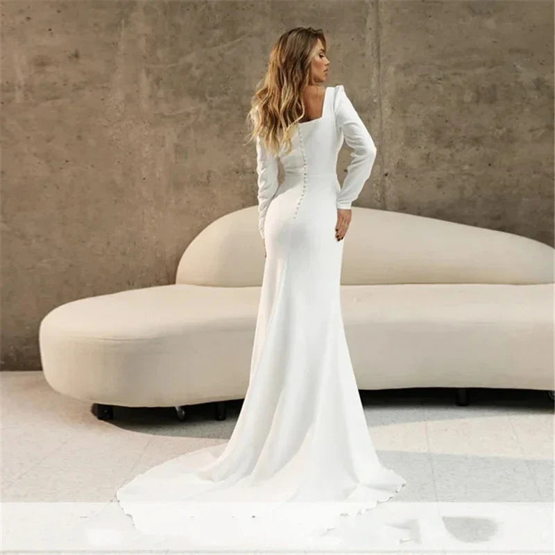 Elegant Satin Wedding Dresses Long Sleeves Mermaid Square Collar