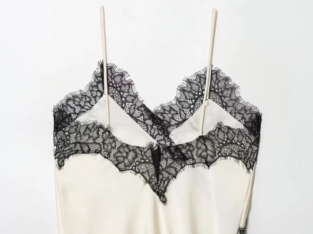 Women Fashion Lace Patchwork Straps Top Irregular Hem Spaghetti Straps V-Neck Hollow Sexy Tops 2026 Summer Night Date Wear
