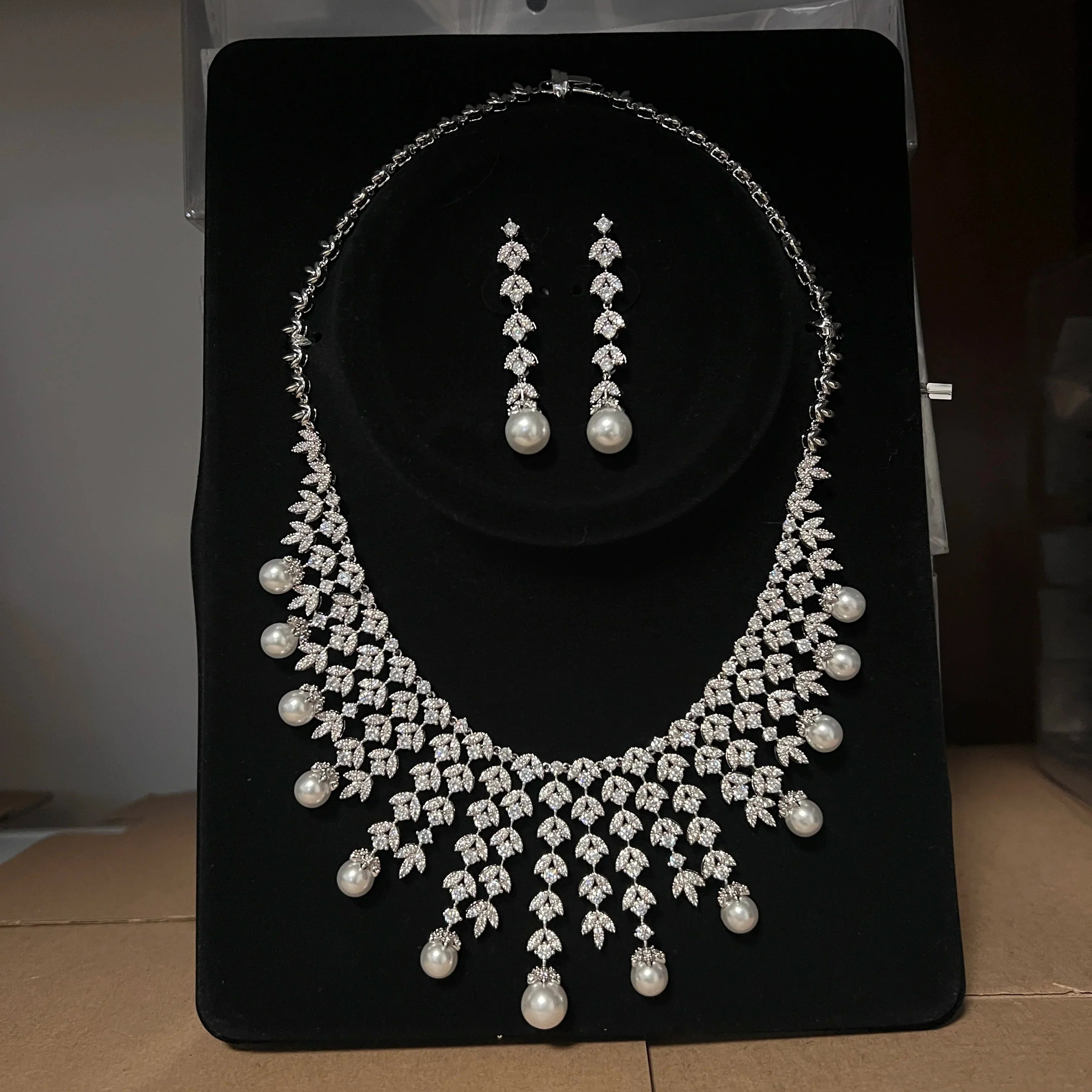 3A Cubic Zirconia Silver Color Tassel Necklace Luxury Pearl Jewelry Sets Bridal Dubai Wedding PROM Accessories