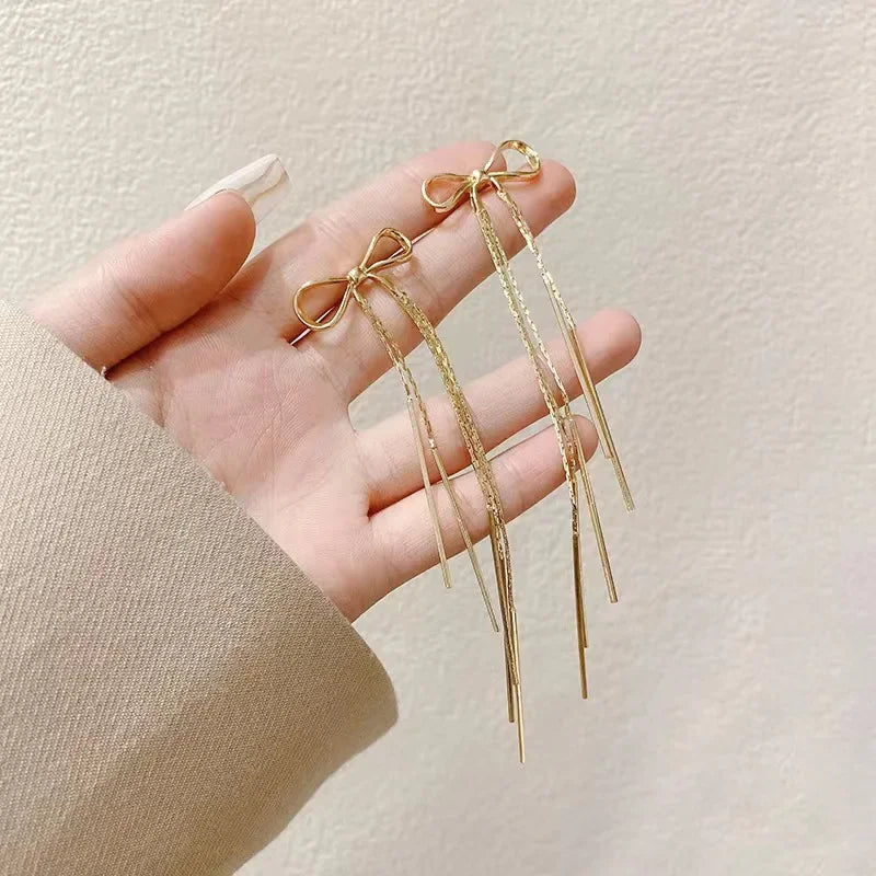 Exquisite Silver Color Ribbon Long Tassel Bowknot Drop Dangle Earrings for Women Charm Stainless Steel Party Jewelry Accessories