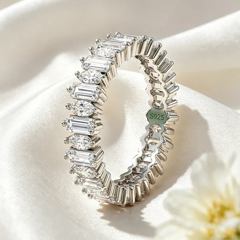 18k Plated 2*4mm Full Moissanite Rings for Women Emerald Cut Full Eternity Band S925 Sterling Silver Pass Diamond Tester