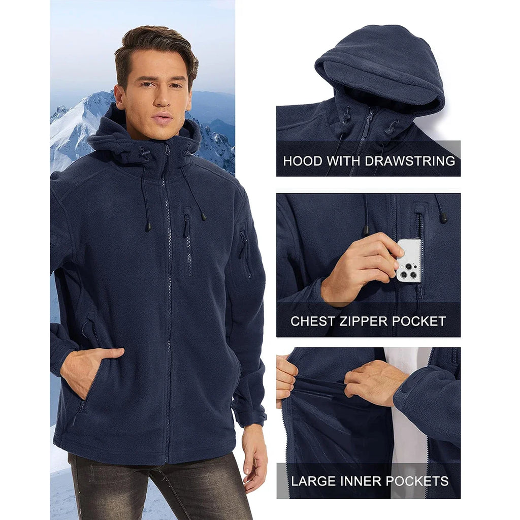 Fall Winter Men's Hooded Fleece Jacket Full Zip Up Soft Warmth Windproof Coat Outdoors Working Hiking Fishing Outerwear