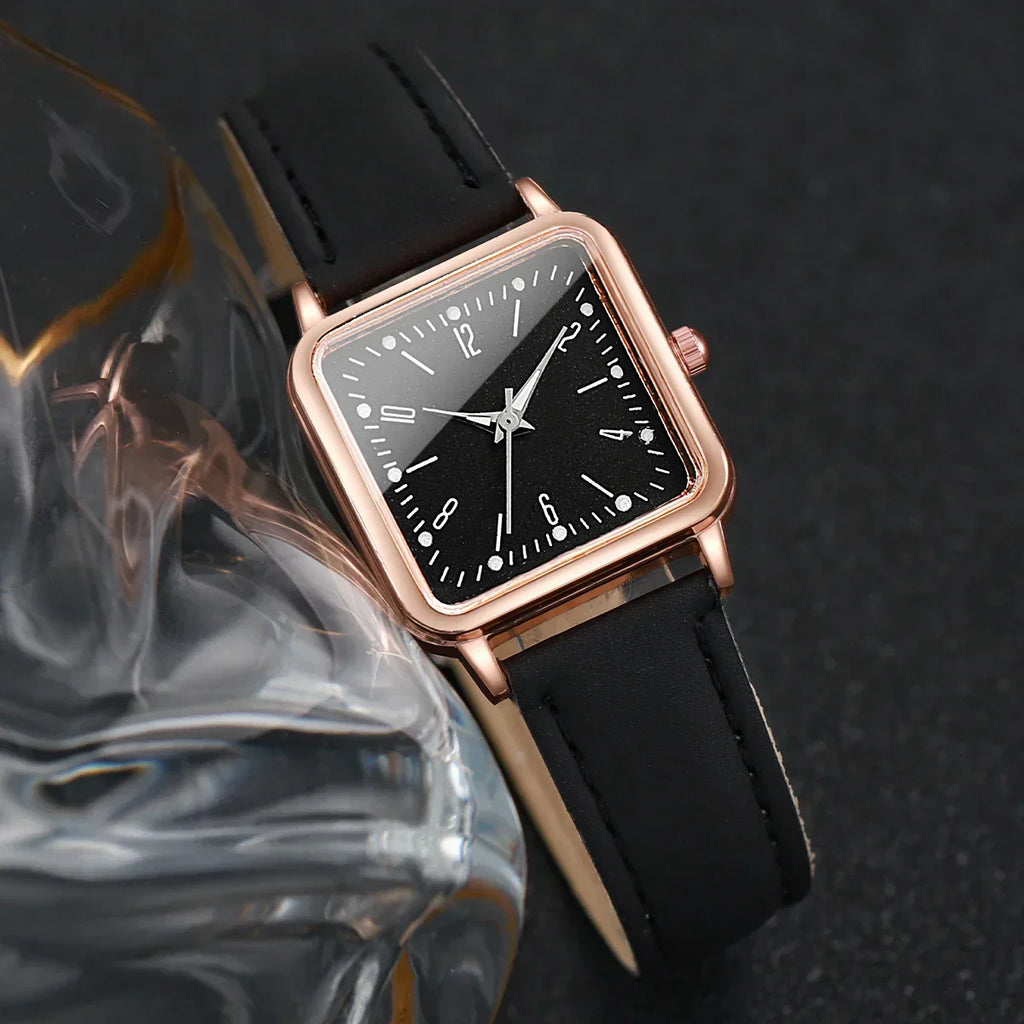 6PCs/Set Women's Fashion Watch Square Simple Dial Leather Quartz Watch with Love Bracelet Set