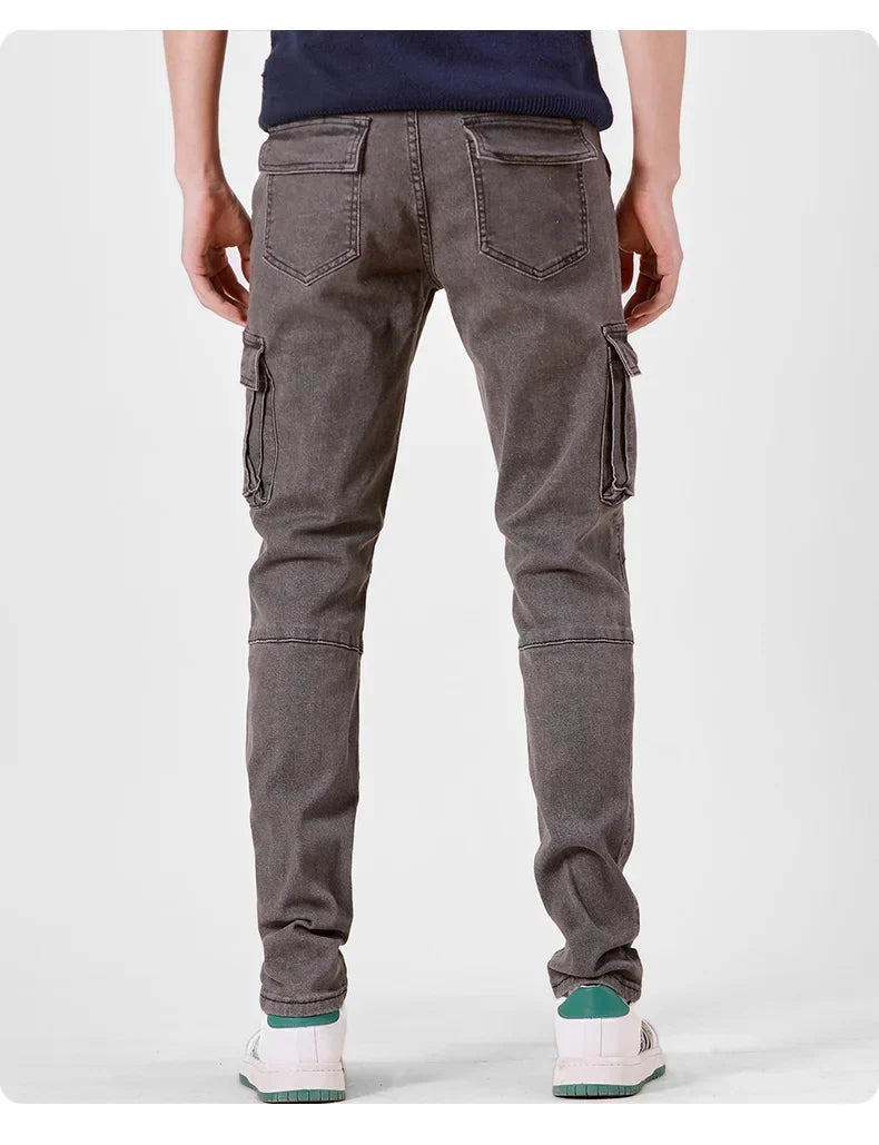 Men's Street Style Elastic Waist Denim Cargo Pants Solid Color Washed Slim Fit Casual Jeans with Multiple Pockets for Daily Wear