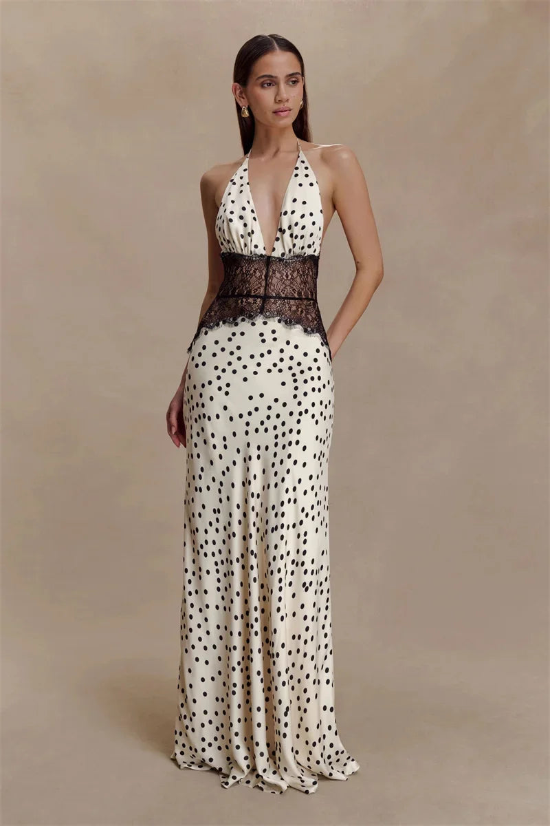 Polka Dot Backless Sexy Maxi Dress Women Gown Elegant Patchwork Lace Halter Deep V Neck Sleeveless Bodycon Club Dress