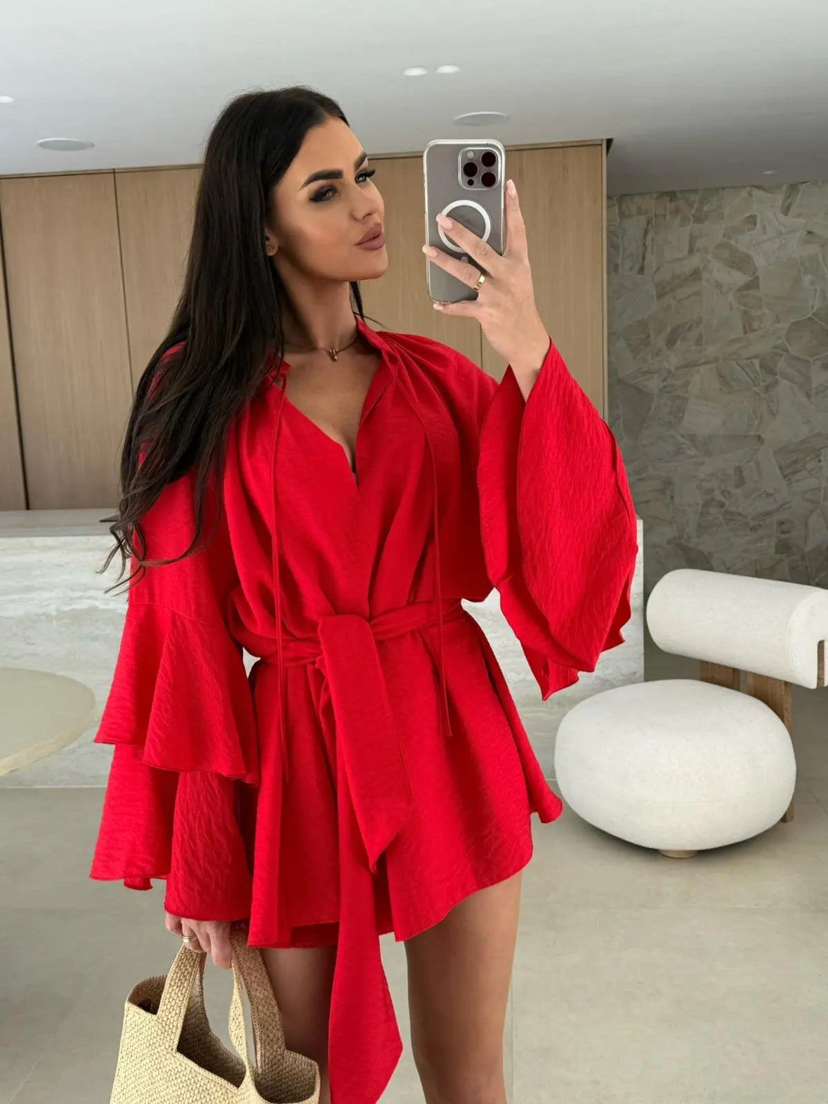 2026 Autumn Ruffle Loose Mini Dress Casual Flare Sleeve Holiday Dresses Sexy Deep V-neck Lace Up Solid Women's Dress Vestidos