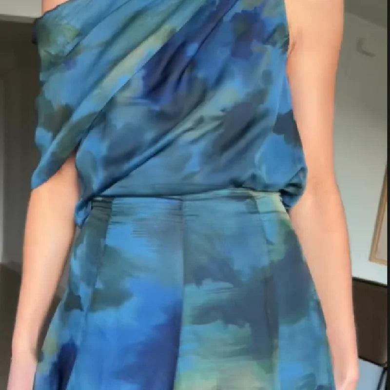 Women's Elegant Blue Watercolor Print Maxi Dress Sleeveless Cowl Neck Satin Formal Evening Gown A-line Floor Length Party Dress