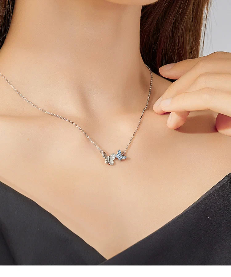 925 Sterling Silver Blue Zircon Flying Butterfly Necklace Women Birthday Gift Korean Style Fashion Jewelry Gift SCN384