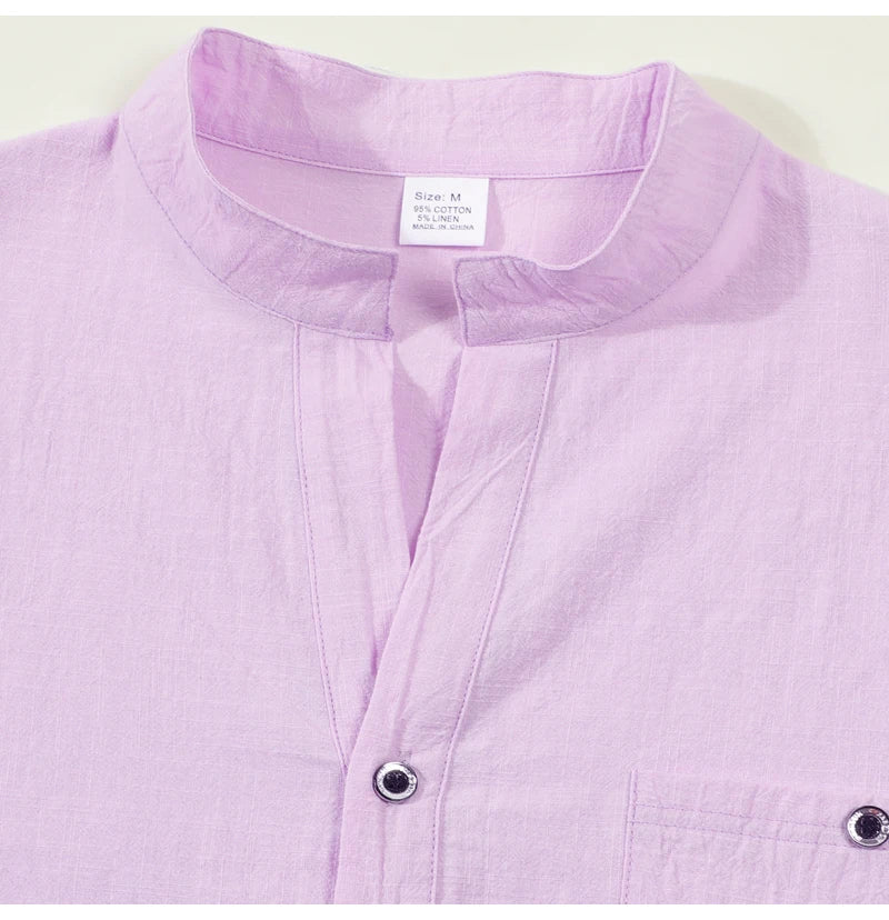 Men Mandarin Collar Long Sleeve Henley Cotton Linen Shirt With Chest Pocket Breathable Lightweight Beach Travel Daily Casual Top