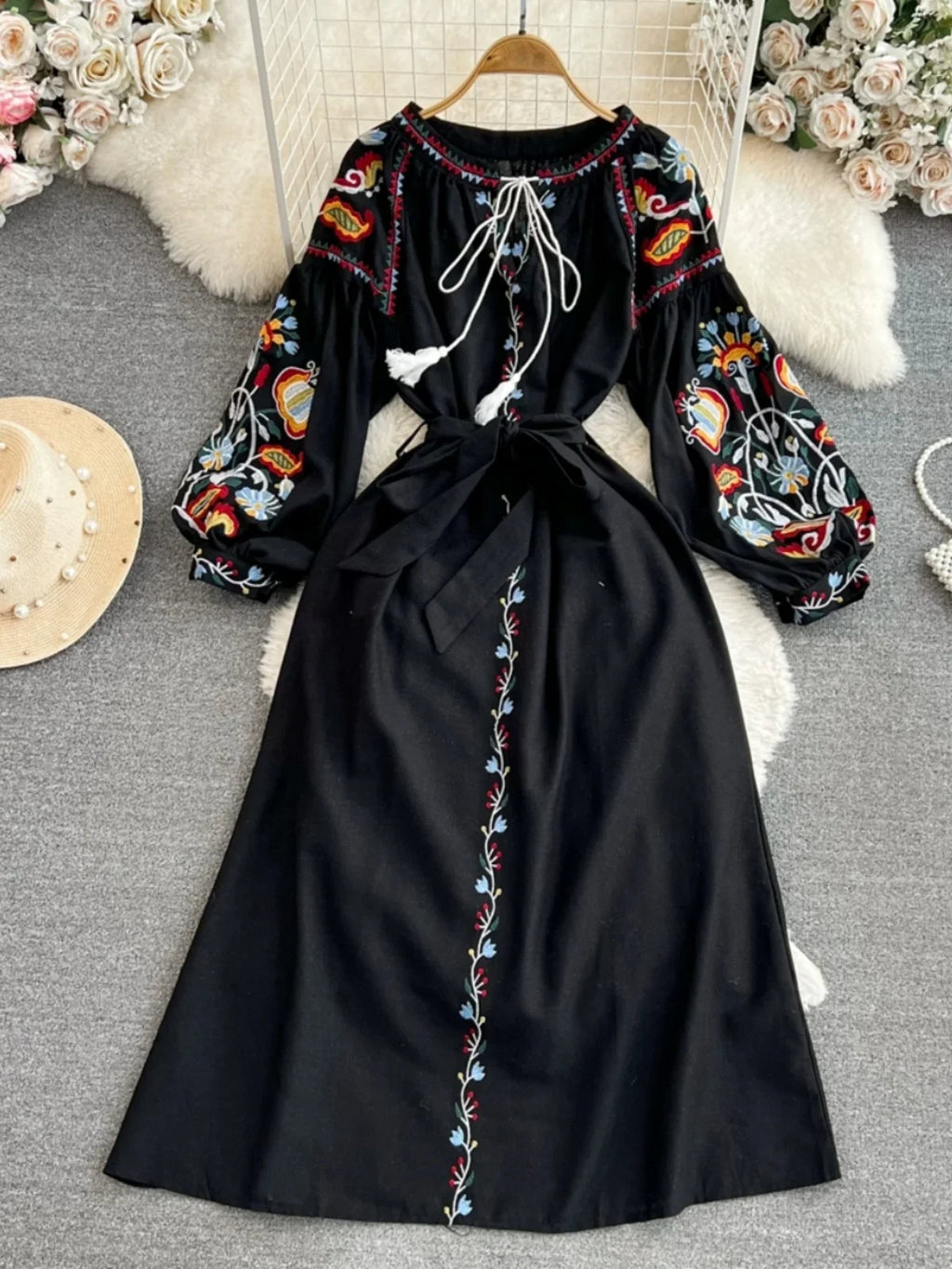 Retro Ethnic Sle Long Sve Embroidered round Ne A-Line Cotton Linen Dr Slimming Waist Cinched Ele Long Dr