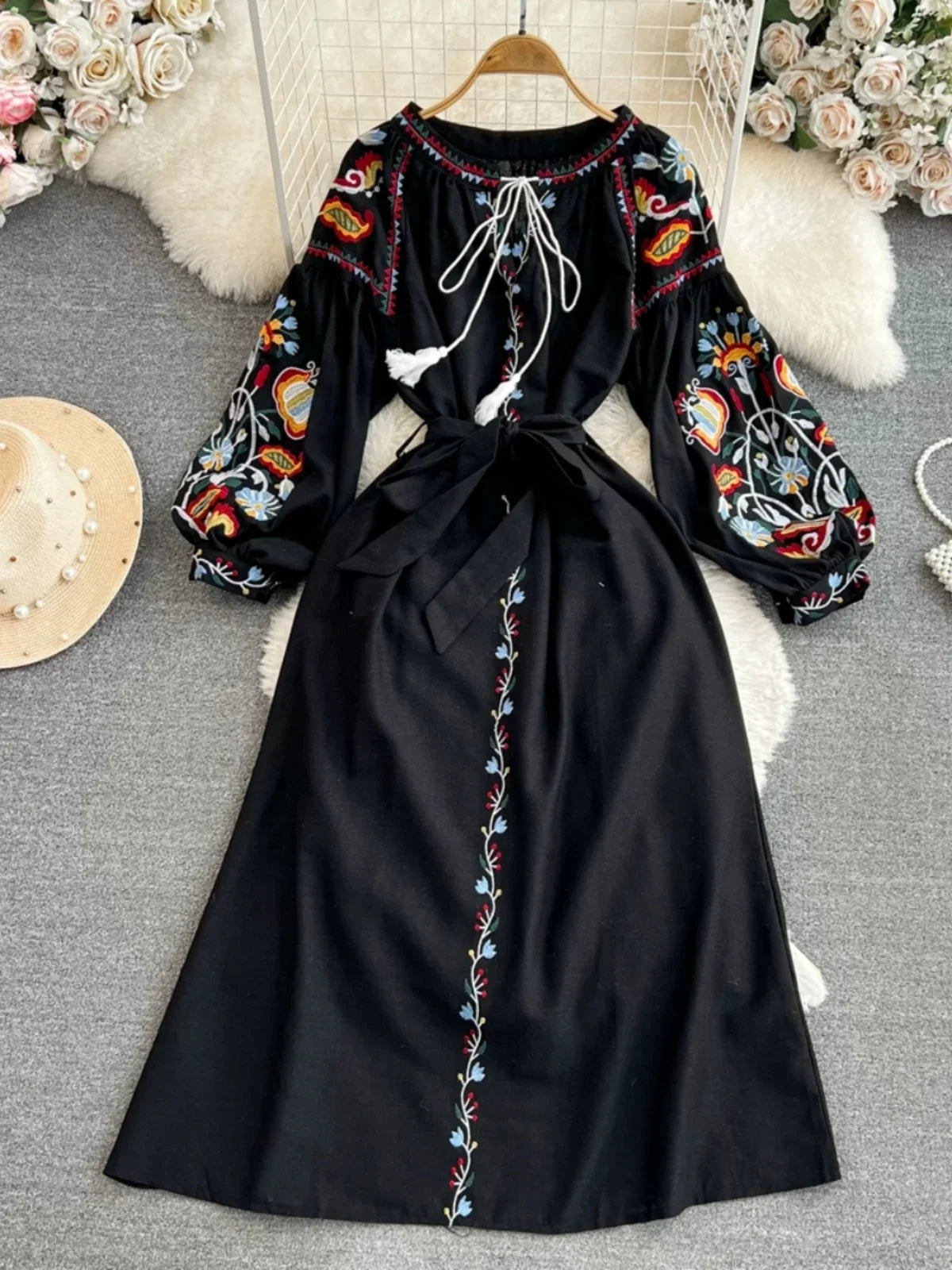 Retro Ethnic Sle Long Sve Embroidered round Ne A-Line Cotton Linen Dr Slimming Waist Cinched Ele Long Dr