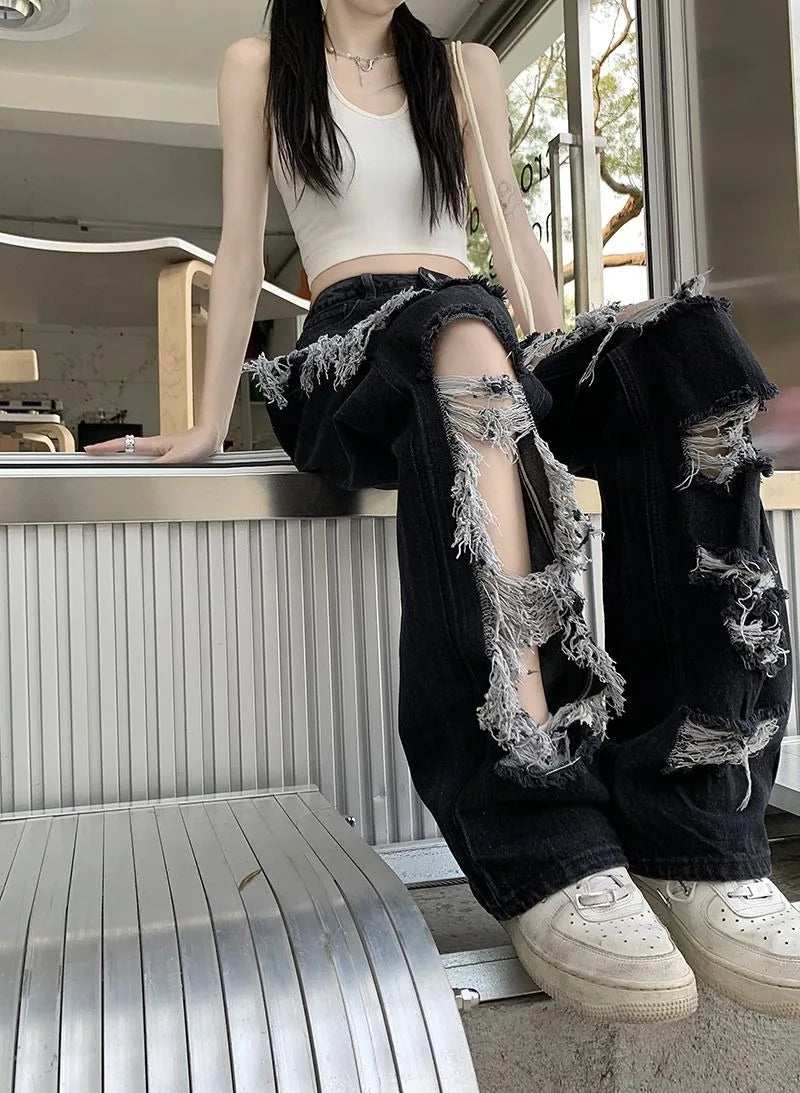 بنطلون جينز بفتحات ممزقة "Y2K Washed Mopping"