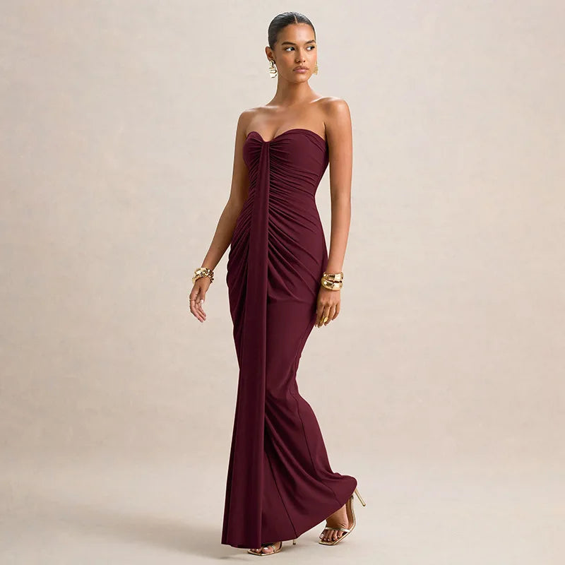 2026 Elegant Strapless Dress Women Classic Patchwork Ribbon Ruched Sexy Birthday Party Skinny Stretch Chic Clubwear Vestidos