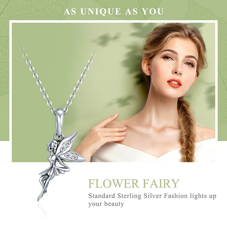 Authentic 100% 925 Sterling Silver Flower Fairy Pendant Long Chain Necklace for Women Birthday Gift Fine Jewelry SCC359