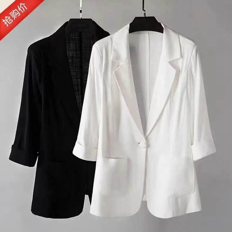 Linen Small Blazer For Women, Thin  Summer Suit, Korean Version, Sun Protection, Casual British Style, White And Black
