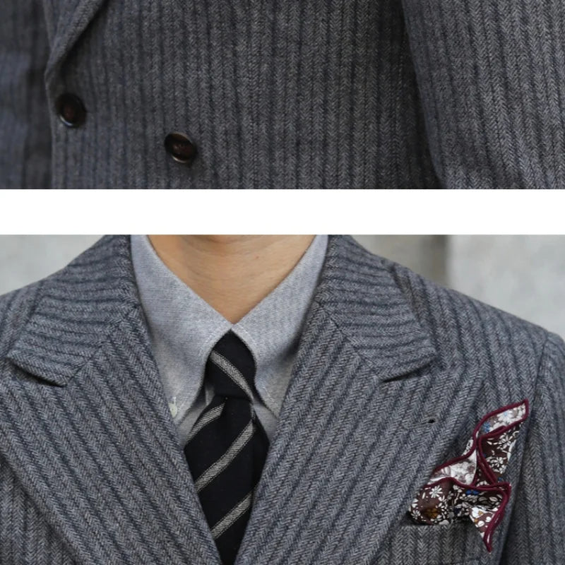 New Thick Style Stripes Herringbone Pattern Men's 2-Piece Suit Double-Breasted Slim Fit Jacket Trousers Vintage Braze Suit