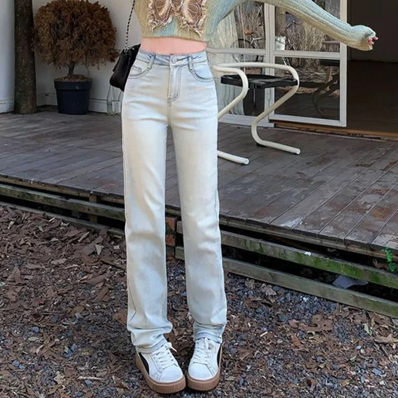Women Korean Thin Straight Leg Jeans Pants