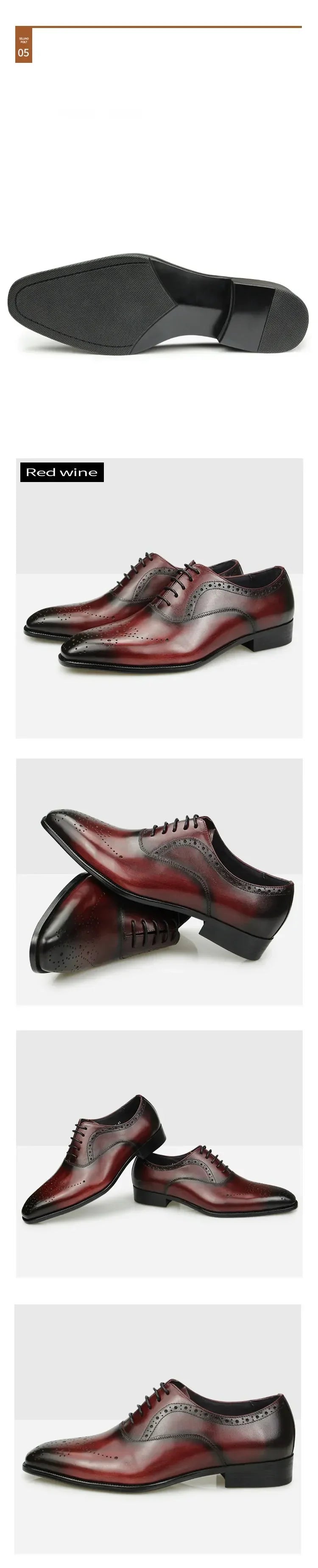 Luxury Dress Genuine Leather Shoes Mens Business Office Work Brogues High Quality Comfortable Formal Wedding Shoe Black&Wine Red